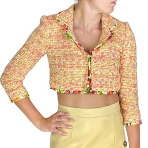 WALTER BAKER Y2K TWEED FLORAL SILK TRIM CROPPED BLAZER JACKET
